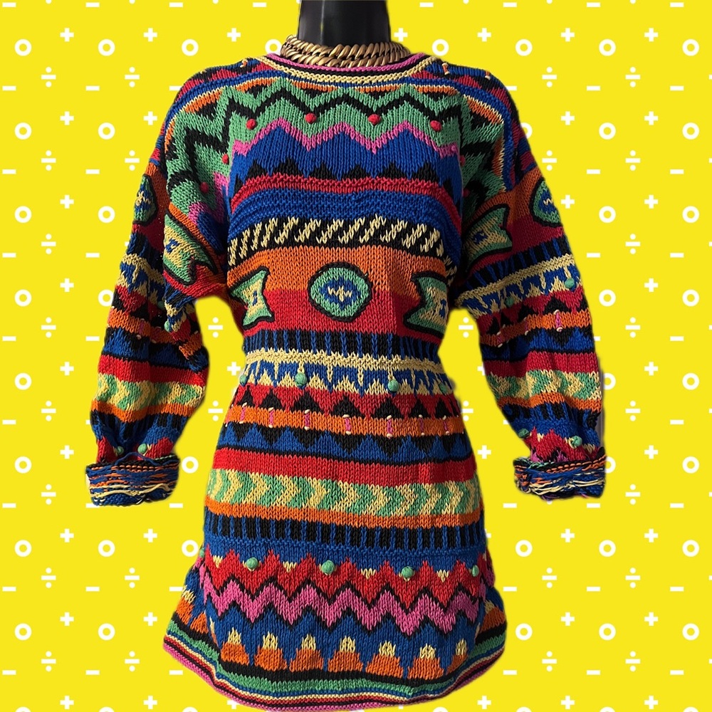Colorful Patterned Crewneck Sweater Dress - Multicolor